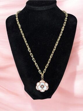 Upcycled Stamped Gold Chain Necklace with Pink and White Camellia Pendant